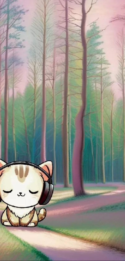 Cute cartoon cat with headphones in a pastel forest.