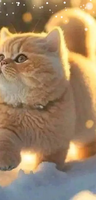 Adorable orange cat walking through snow in warm sunlight.