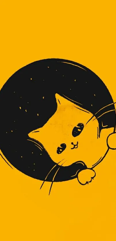 Cute cat in a black circle on mustard yellow background.