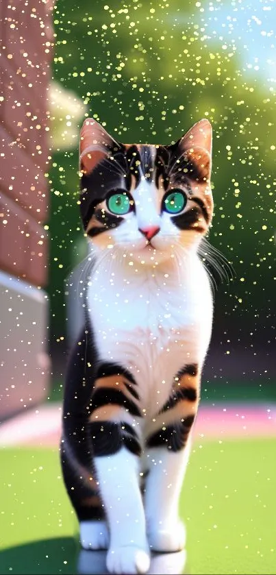 Cute cat with green eyes and sparkles on a sunny day.