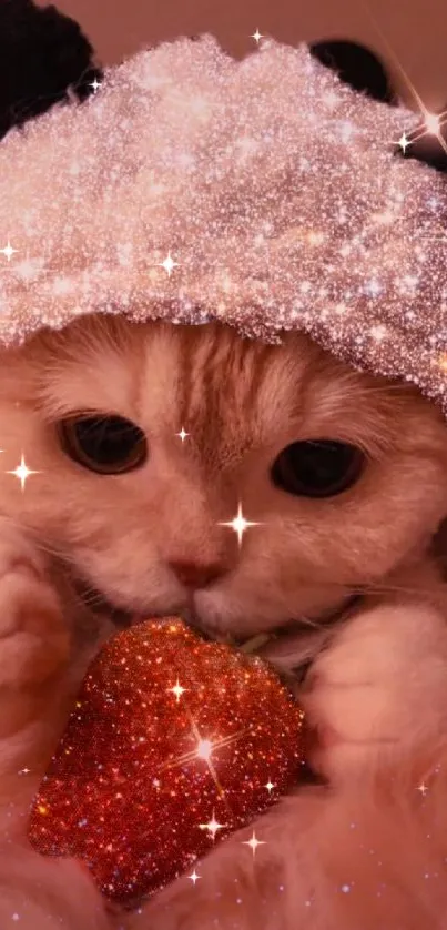 Cute cat in a sparkly hat holding a glitter heart on a pink background.