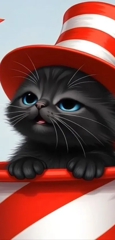Black kitten with blue eyes in a red and white striped hat.