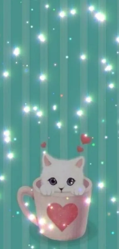 Cute white kitten in a pink heart-teacup on turquoise background with sparkles.