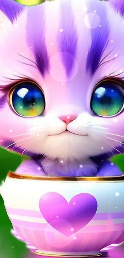 Cute kitten peeking from a teacup with colorful background.