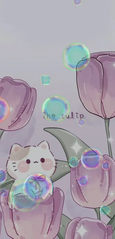 Cute cartoon cat with purple tulips wallpaper.