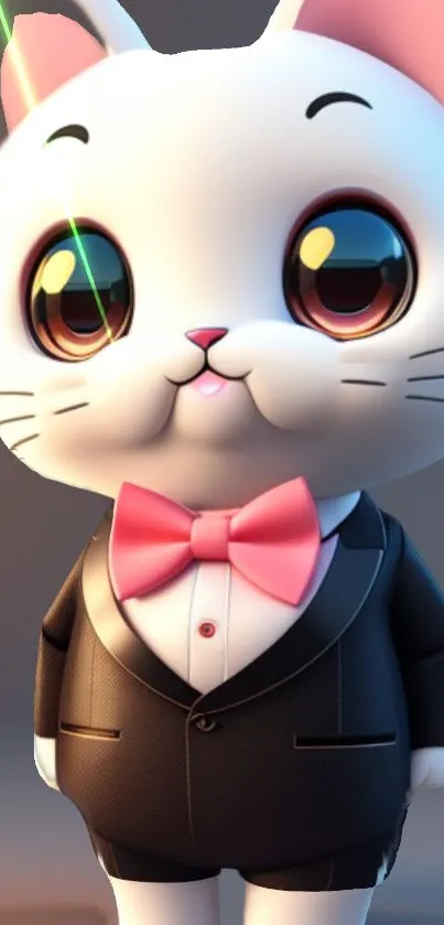 Cute cat in a tuxedo with pink bow tie and vibrant eyes, perfect for mobile wallpaper.