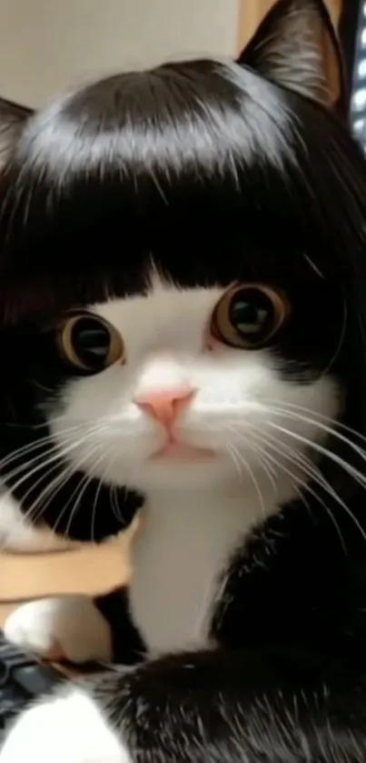 Black and white cat with a stylish human-like hairdo on a keyboard.