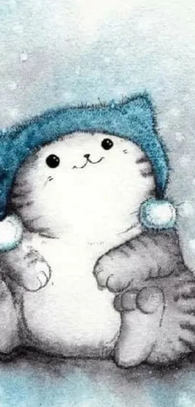 Cute cat with teal winter hat on a snowy background.