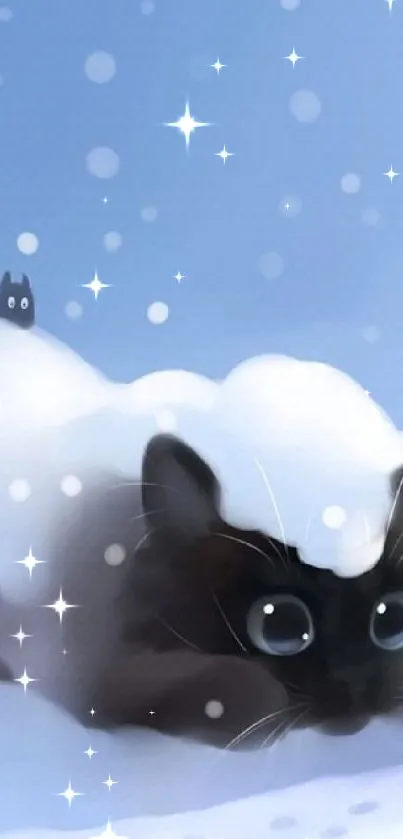 Adorable cartoon cat buried in snow with playful scene.