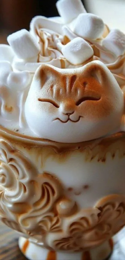 Cat latte art with marshmallows in a floral cup.