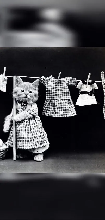 Adorable kitten in vintage attire beside laundry, in black and white style.