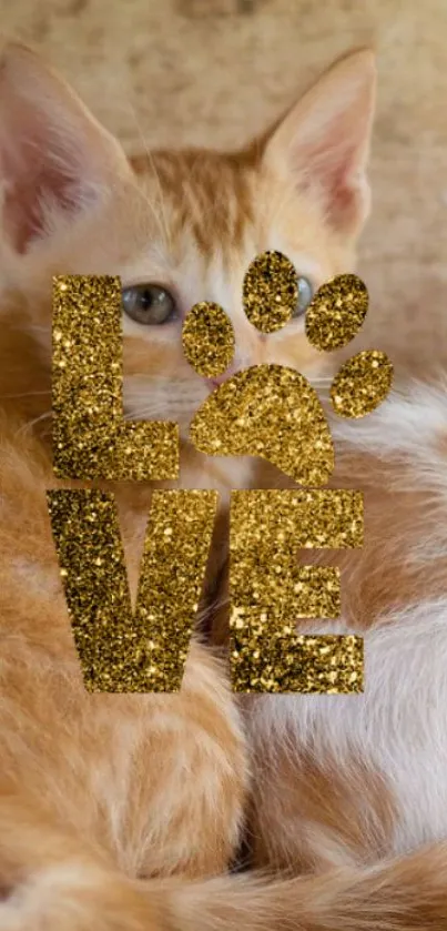 Cute golden brown kitten with love glitter text.