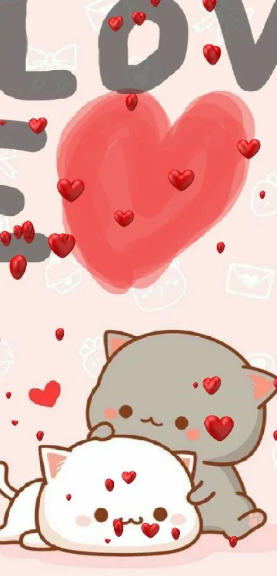 Cute cartoon cats with love theme and pastel pink background.