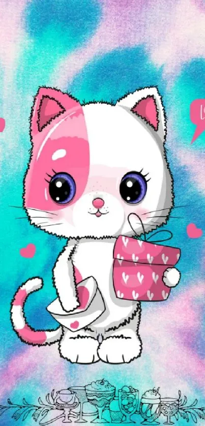 Cute illustrated cat with love theme on vibrant background.