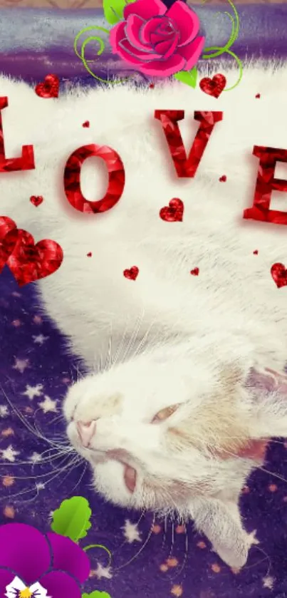 White cat with love hearts on purple floral background.