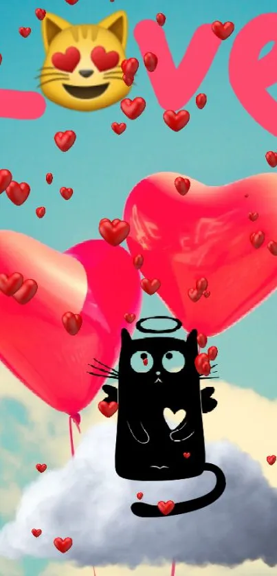 Cat on a cloud with heart balloons and love emoji.