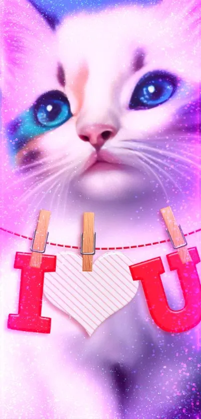 Cute cat with 'I Love U' message on pink background.