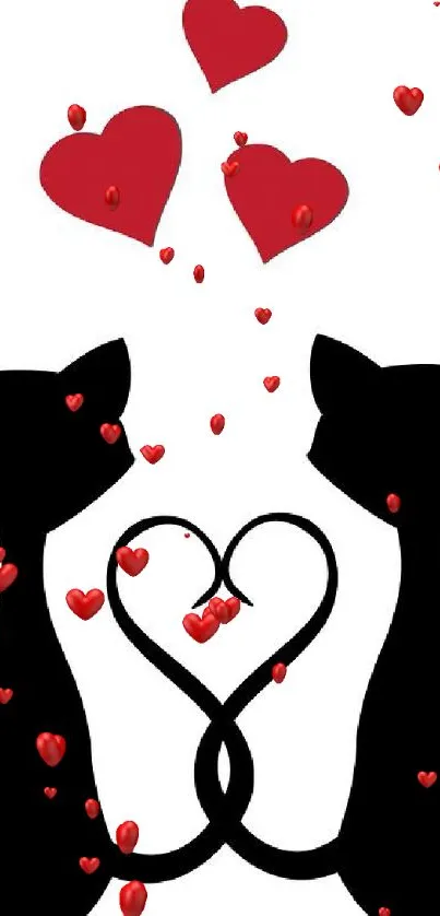 Black cat silhouettes with red hearts on white background.