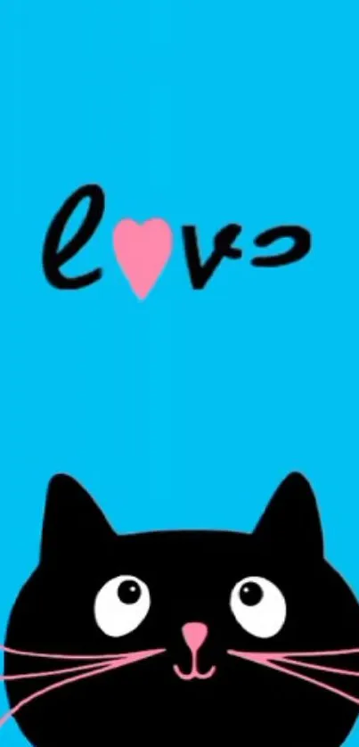 Cute black cat with love design on blue background wallpaper.