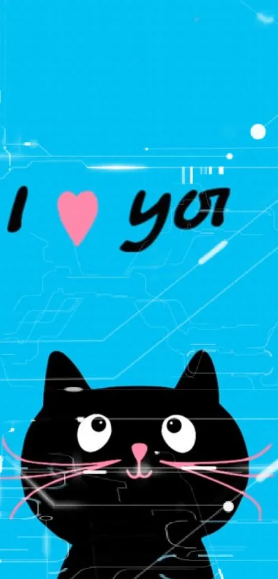 Cute black cat with 'I love you' text on blue background.