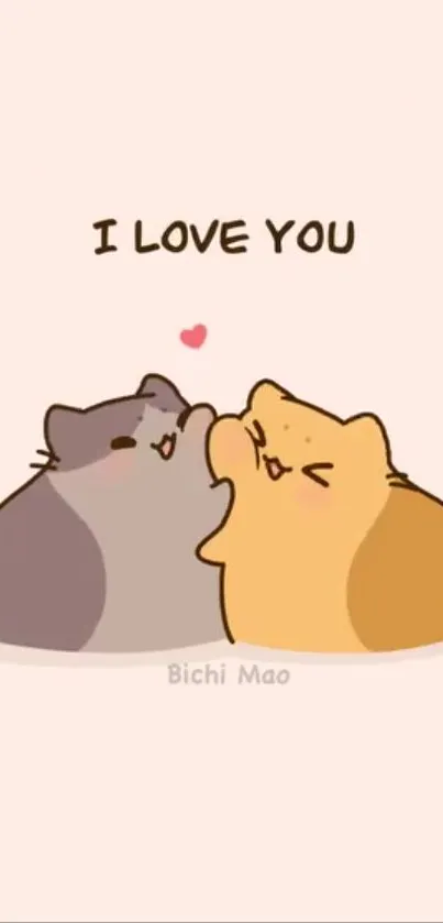 Cartoon cats expressing love with 'I Love You' text on peach background.