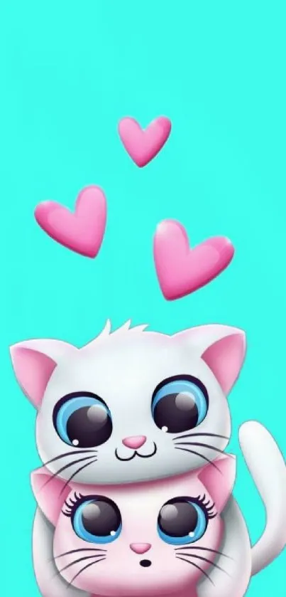 Cute cats with pink hearts on teal background.