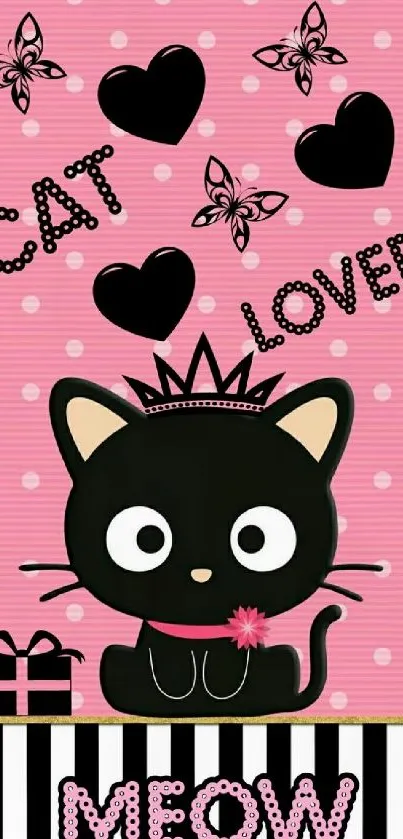 Black cat with pink polka dot background.