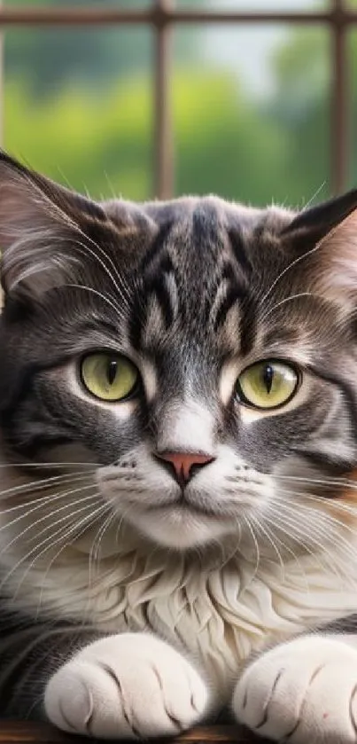 Adorable fluffy cat with striking eyes by a window.