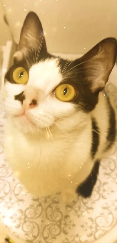 Adorable black and white cat with yellow eyes sitting on a patterned surface.