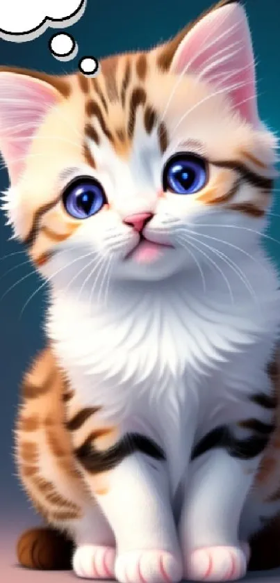 Adorable cartoon kitten with blue eyes and a thought bubble saying 'meoww'.