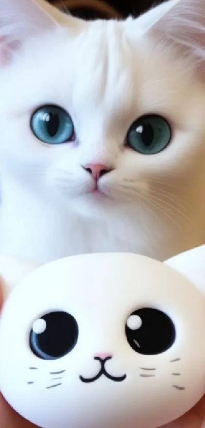Adorable white cat with green eyes and cartoon face object.