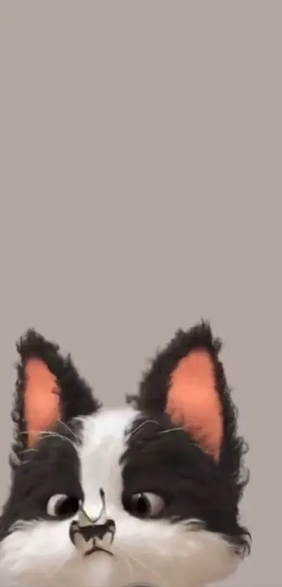 Cute cartoon cat with big eyes and pink ears on beige background.