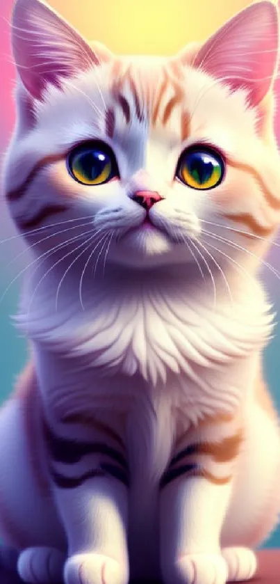 Adorable kitten with big blue eyes against a colorful backdrop.