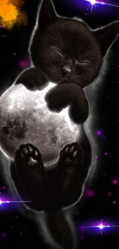 Adorable black cat hugging a moon in a cosmic night sky wallpaper.