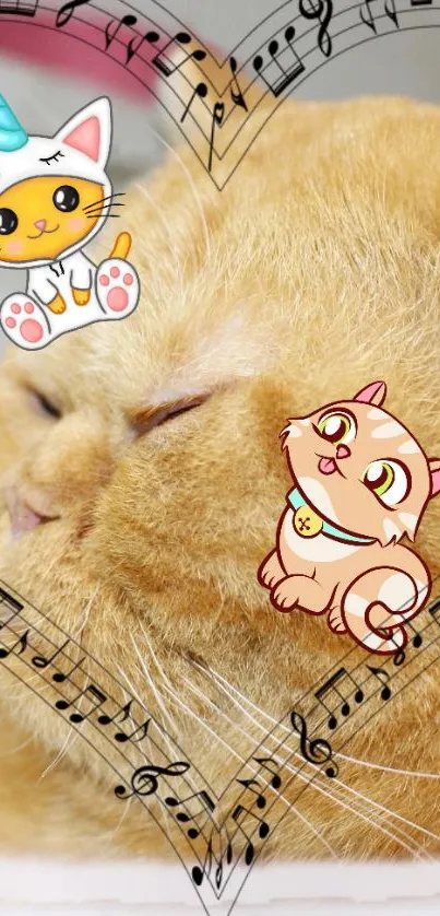 Adorable orange cat with cartoon cats and musical notes overlay.