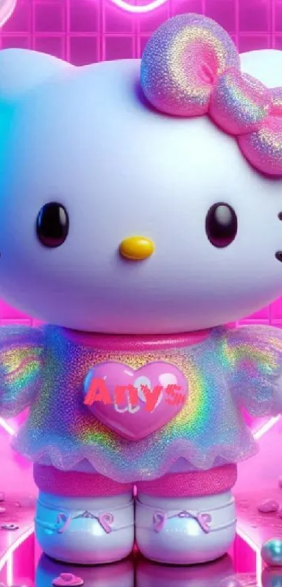 Cute cartoon cat with neon colors and glitter bow.
