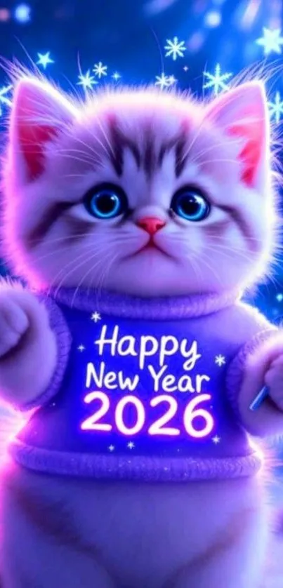 Festive 2026 New Year wallpaper with cute cat.