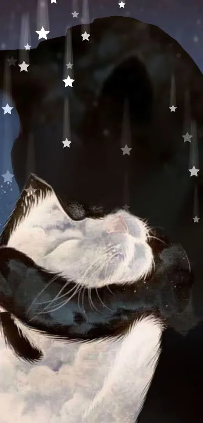 Dreamy cat embraced under a starry night sky.