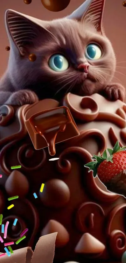Cute cat on chocolate dessert with colorful sprinkles and strawberry.