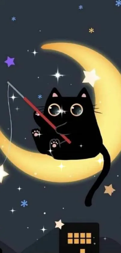 Cute black cat sitting on a crescent moon in a starry night sky.