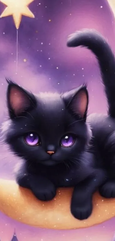 Black cat with purple eyes on a crescent moon.