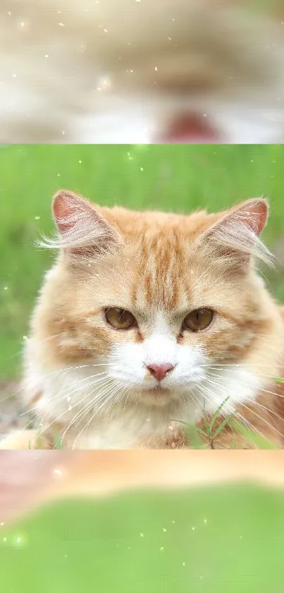 A fluffy orange cat resting on green grass.