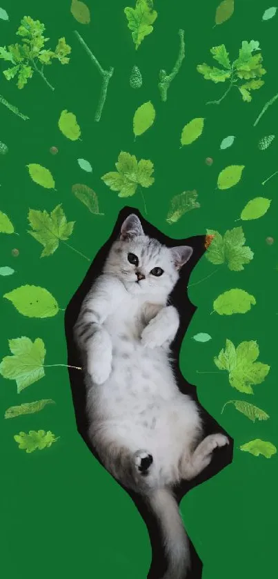 A cute cat lies surrounded by vibrant green leaves on a mobile wallpaper.