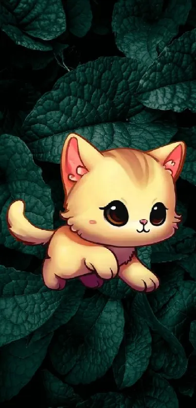 Cute cartoon cat on dark green leafy background wallpaper.