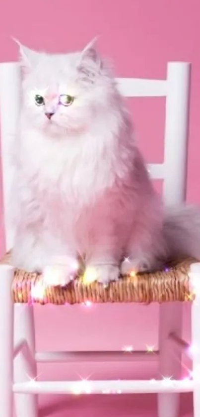 White fluffy cat on a chair with pink background and sparkles.