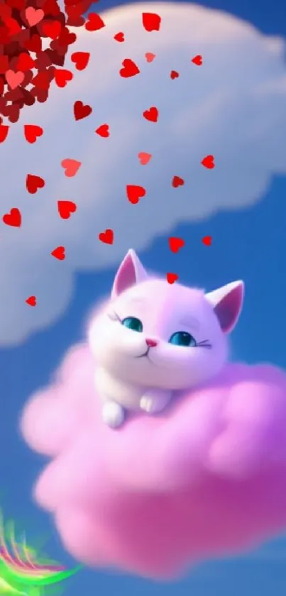 Cute white cat on pink cloud with hearts in blue sky.