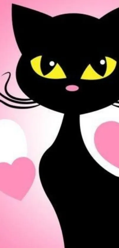 Cute black cat with hearts on pink background wallpaper.