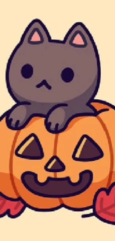 Dark gray cat on a pumpkin with autumn leaves, cartoon style.