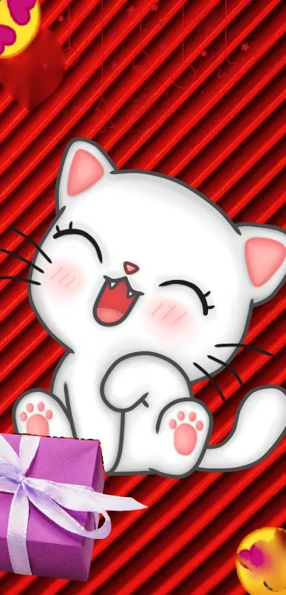 Cute white cat with pink ears on red striped wallpaper.