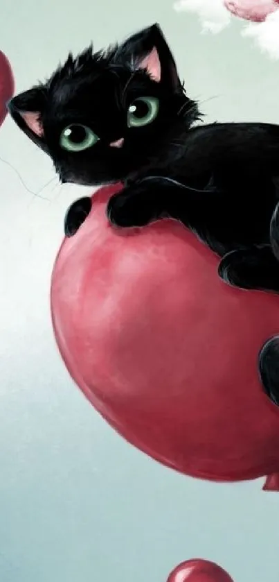 Cute black cat on a red balloon with heart-shaped balloons.